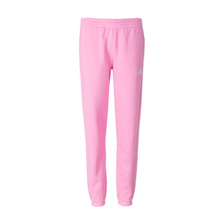 Youth pink fleece jogger pants with elastic waistband and small white logo on leg