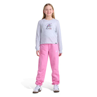 Youth pink fleece jogger pants with elastic waistband and ankle cuffs, full-body view