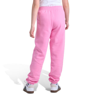 Youth pink fleece jogger pants, rear view, elastic waistband and ankle cuffs