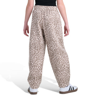 Youth leopard-print barrel-leg pants with straight relaxed fit and elastic waist