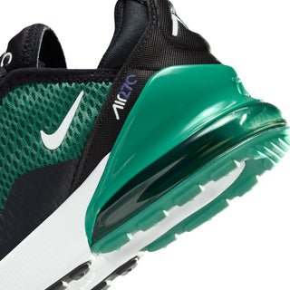 Kids sneaker close-up of air unit and midsole: dark green upper with shiny teal heel