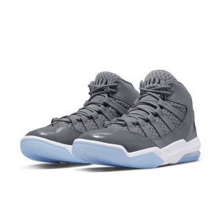Men's high-top sneakers, dark gray knit panels, lace-up, blue-and-white soles