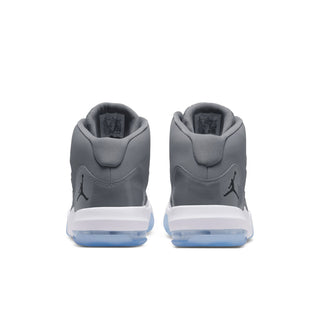 Men's high-top sneakers, dark gray heels with Jordan logos, blue translucent sole