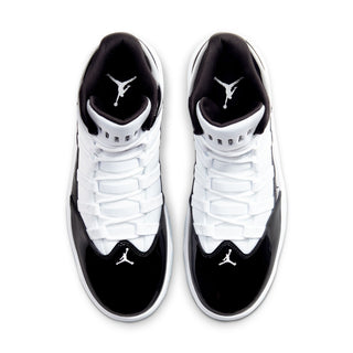 Pair of high-top basketball shoes, black toe caps and white padded collar