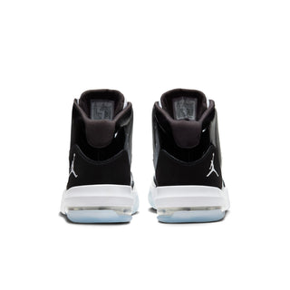 Rear view of high-top basketball shoes in black and white, heel tabs with logos