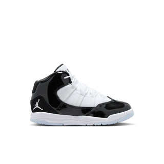 Kids high-top sneakers in black and white with lace-up closure and Air Jordan logo.