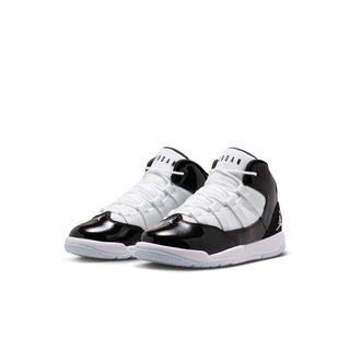 Kids black and white high-top sneakers, side view with textured panels and lace-up.