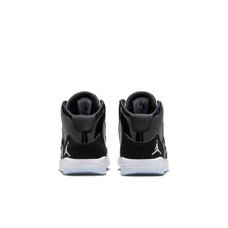 Kids black high-top sneakers with white soles, back view with lace-up collar and logo.