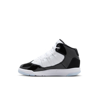 Kids black and white high-top sneakers, quarter side view with glossy toe and laces.