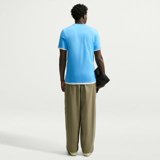 Men's football blue crewneck T-shirt, back view, short sleeves