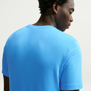 Men's football blue crewneck T-shirt, back view, ribbed crew neck
