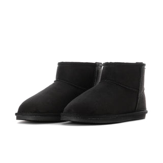 Women's low black ankle boots, paired side view, simple stitched upper