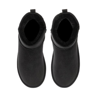 Women's black ankle boots front view, open top with plush lining