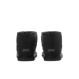 Women's black ankle boots back view with heel seam and APRES label