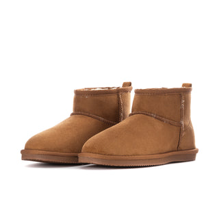 Chestnut suede low ankle boots, front side-by-side view, pull-on style