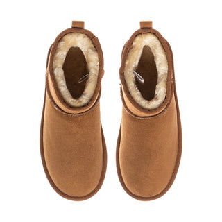 Chestnut suede low ankle boot with plush shearling lining, pull-on style