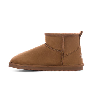 Chestnut suede low ankle boot with side seam and stitched shearling cuff