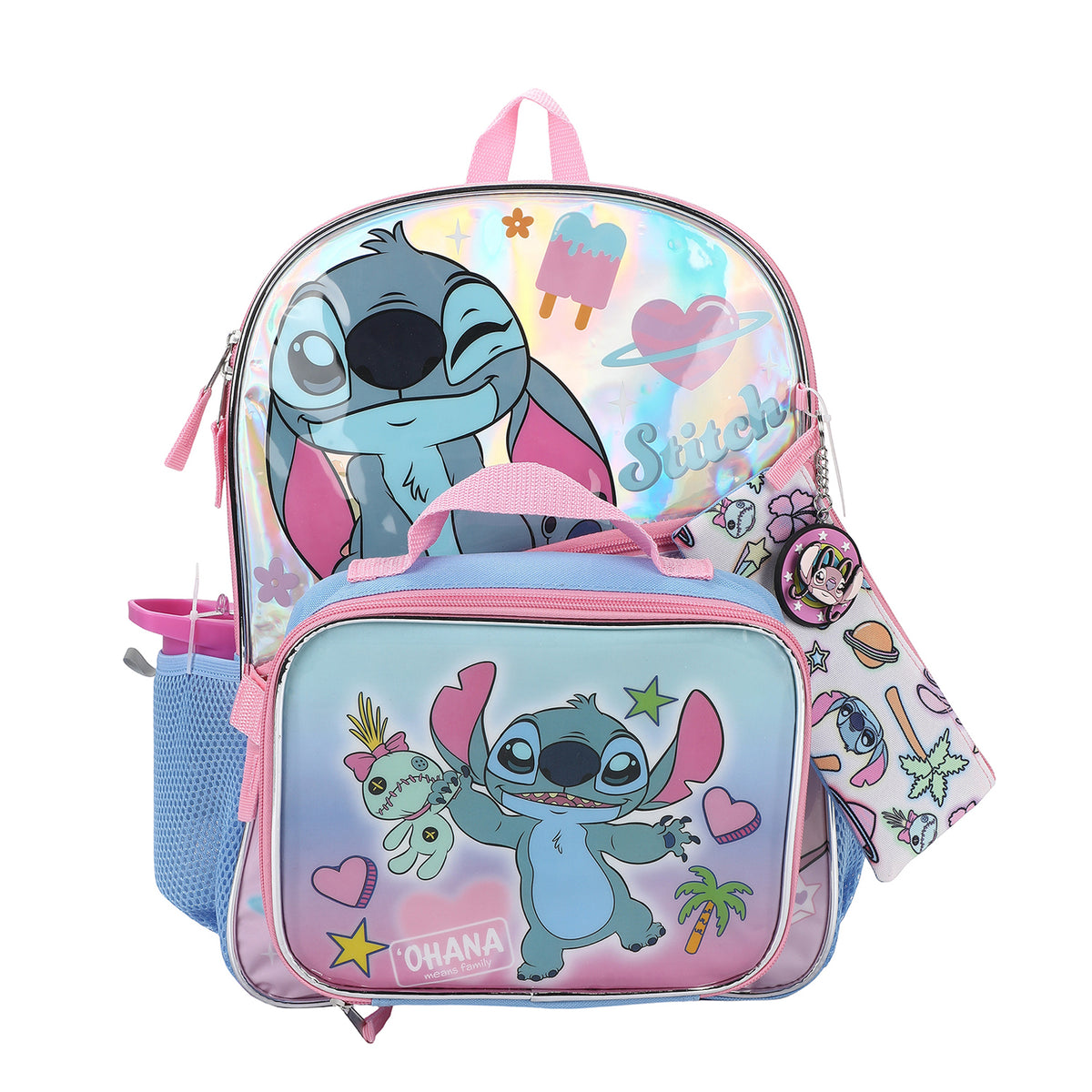 Character 5 PC Stich Backpack Lunch Set | Blue/Pink/Multi