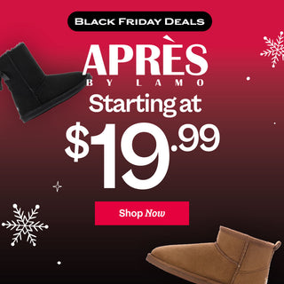 Black Friday sale banner for 'APRèS' by Lamo with boots on a red background