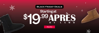 Black Friday sale banner for 'APRèS' by Lamo with boots on a red background