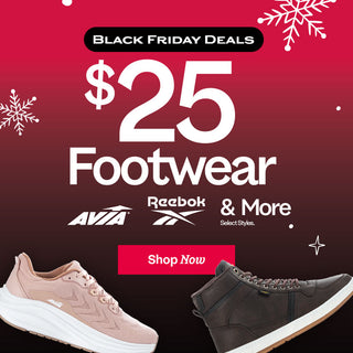 Black Friday footwear deal advertisement with Reebok and Avia shoes on a red background.