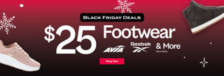 Black Friday footwear sale banner with various brands and a $25 discount offer.