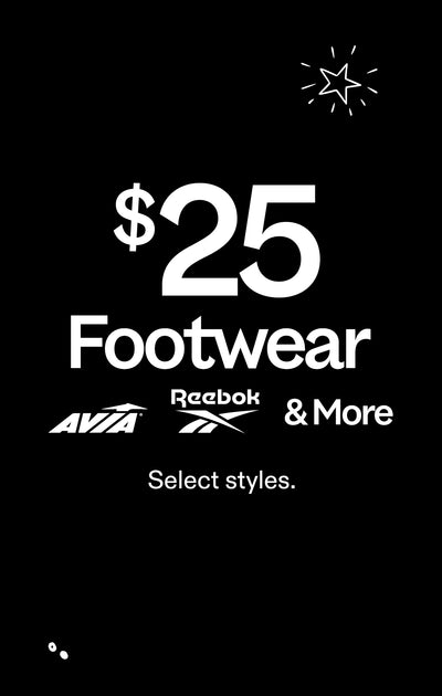 Promotional graphic for $25 footwear sale featuring Reebok and Avia logos on a black background.