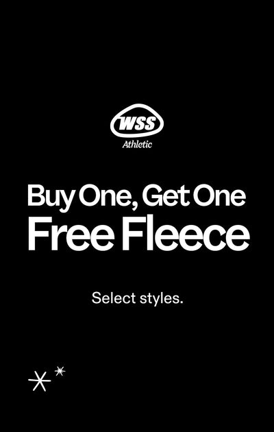 Black promotional poster with WSS Athletic logo and text for Buy One, Get One Free Fleece offer.