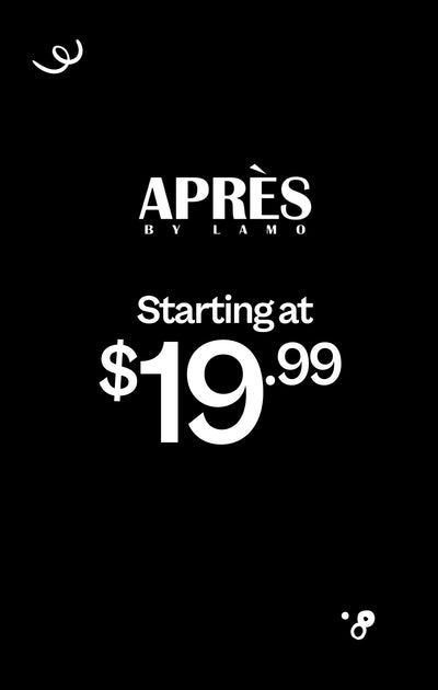 Advertisement for 'APRèS by Lamo' with a price tag of $19.99 on a black background.