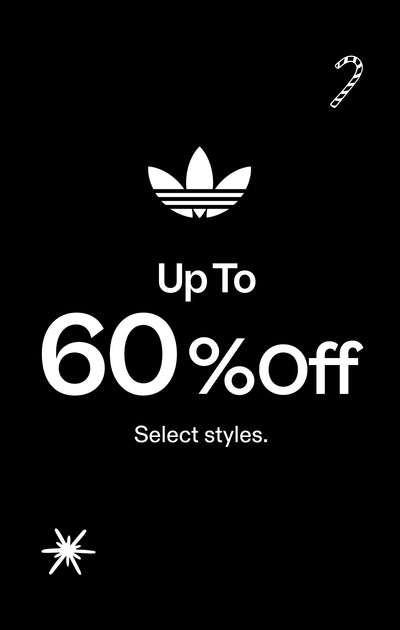 Adidas sale advertisement with 'Up To 60% Off' text on a black background