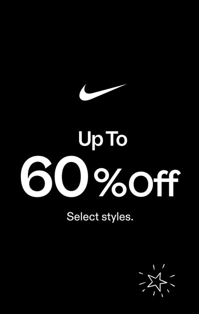 Black background with Nike logo and promotional text 'Up To 60% off Select styles.'
