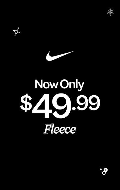 Black background with Nike logo and text 'Now Only $49.99 Fleece' in white.
