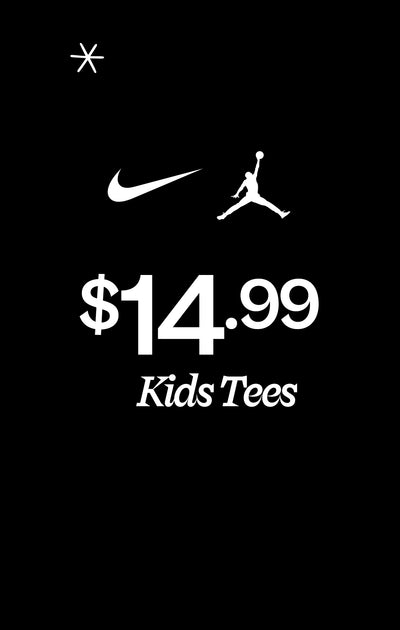 Promotional graphic with Nike and Jordan logos and a price for kids' tees on a black background.