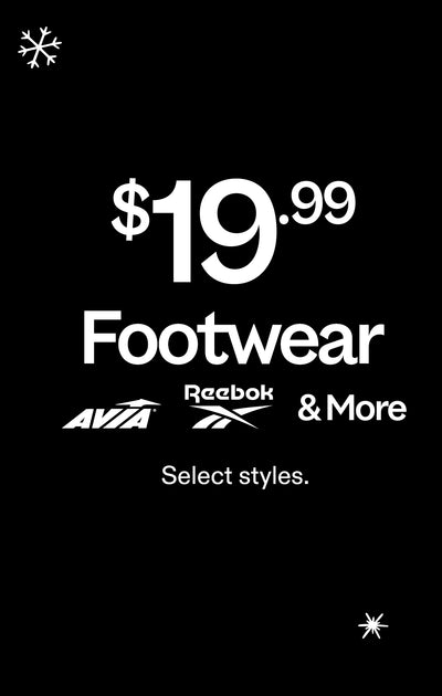 Promotional graphic for $19.99 footwear with Reebok and Avia logos on a black background.