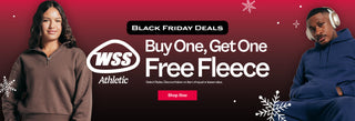 WSS Athletic Black Friday promotional banner with two people wearing fleece and a 'Buy One, Get One Free' offer.