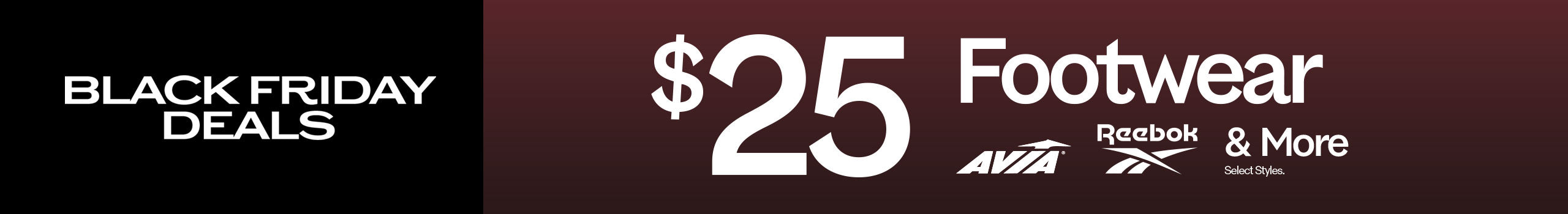 Black Friday Deals banner with $25 Footwear offer and Reebok logo on a dark background