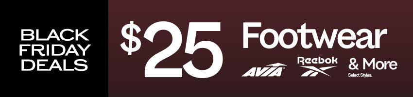 Black Friday Deals banner with $25 Footwear offer and Reebok logo on a dark background