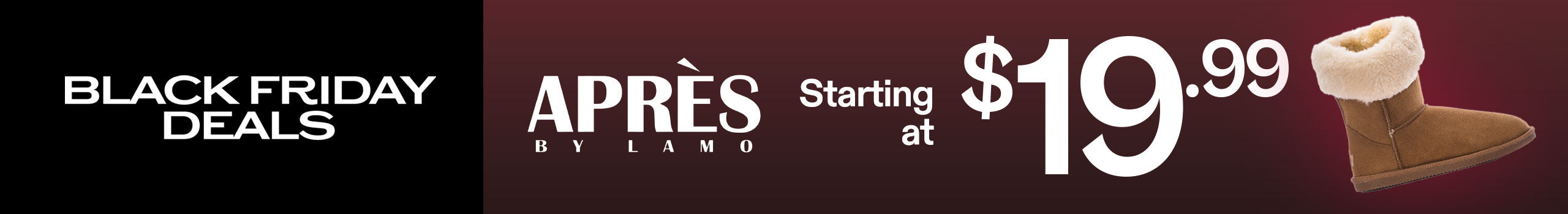 Advertisement for Après shoes with a boot graphic and text about Black Friday deals.