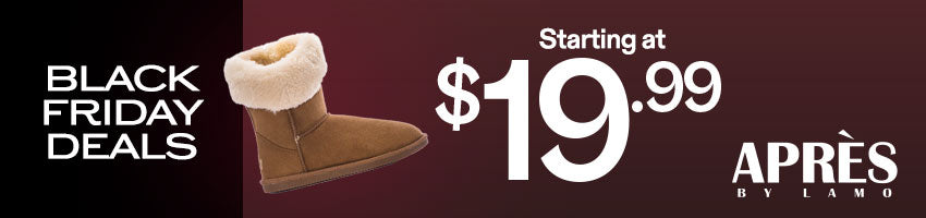 Advertisement for Après shoes with a boot graphic and text about Black Friday deals.