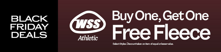 Black Friday promotional banner for WSS Athletic with a buy one, get one free fleece offer.