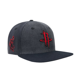 Washed black snapback cap with red Rockets logo on side; flat brim
