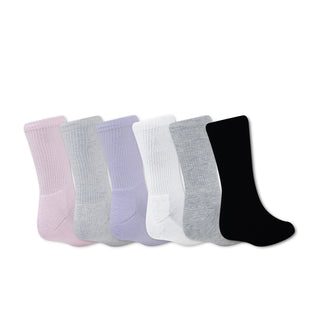 Six-pack crew socks in pink, light blue, lavender, white, gray, and black