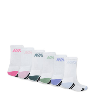 6-pack white crew socks with pink, green, and blue accents; Nike logos
