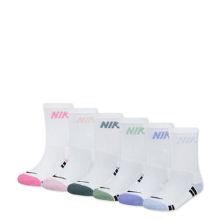 6-pack XXS crew socks in white with multicolor accents and NIKE branding