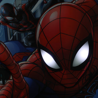 Spider-Man light-up backpack close-up of glowing white eyes on red web design