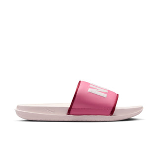 Women's slide sandal with magenta strap and white NIKE logo, light pink outsole