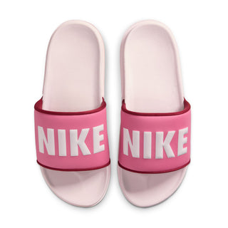 Pair of women's slide sandals in light pink with magenta NIKE logo bands