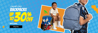 Online only – Backpacks up to 30% off select styles. Boy wearing Adidas backpack on blue polka dot background
