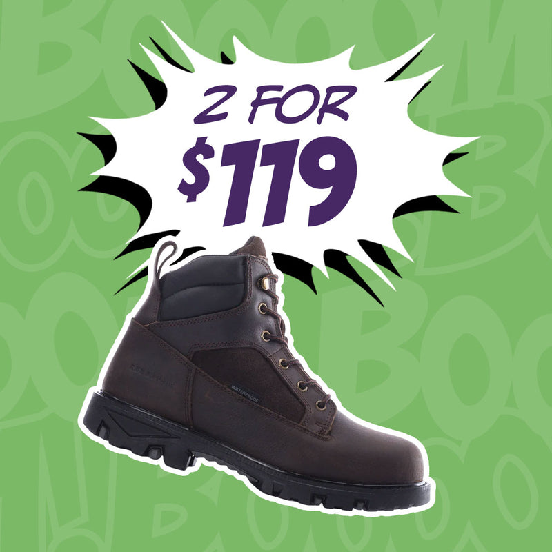 A dark brown lace-up work boot shown on a green patterned background with a white comic-style burst containing the text '2 FOR $119'.