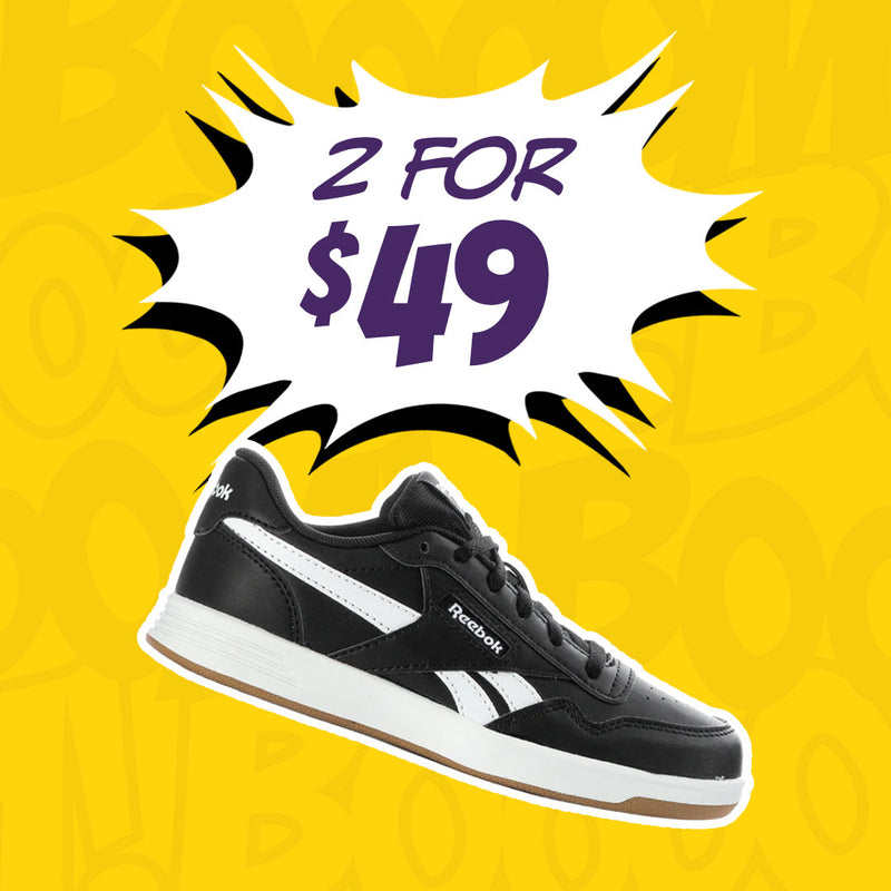 A single Reebok sneaker shown in black and white, positioned below a comic-style price burst that reads '2 FOR $49' on a bright yellow background.